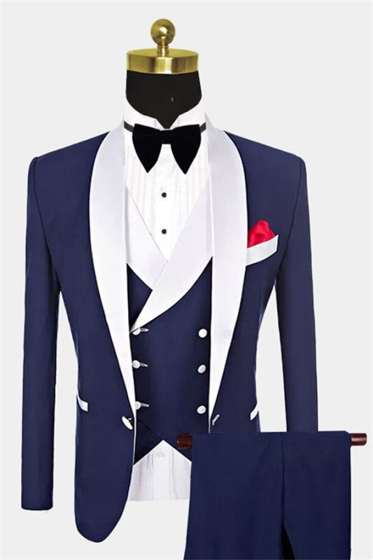 Navy Blue Groomsmen White Shawl Lapel | One Button Wedding Tuxedos 3 ...