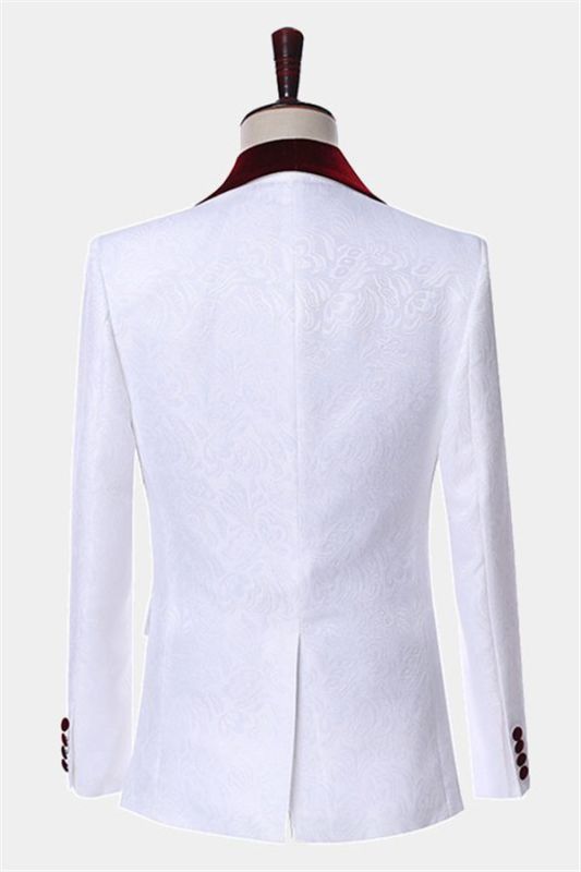 White Jacquard Men Suits with Burgundy Lapel | Floral Tuxedo | Allaboutsuit