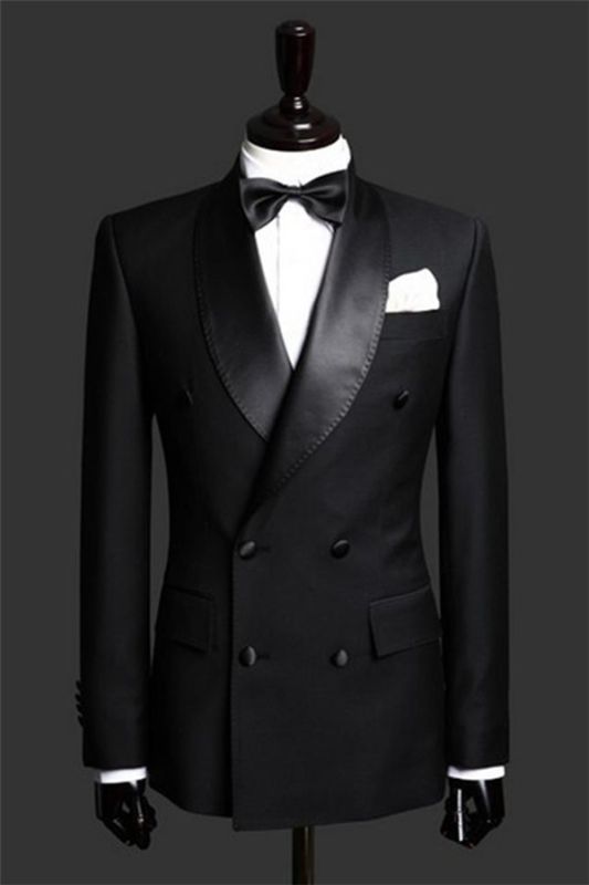 Black Double Breast Wedding Suits Tuxedos | Satin Lapel 2 Pieces(Jacket ...