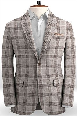 Khaki Linen Groom Men Suits Online | Fashion Plaid Two Pieces Tuxedo