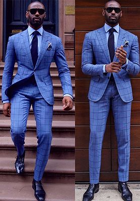 Fashion Blue Plaid Peaked Lapel Two-Piece Formal Business Mens Suit ...