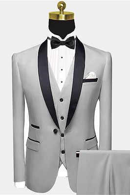 Advanced Silver Grey Prom Suit | Black Satin Shawl Lapel Wedding ...