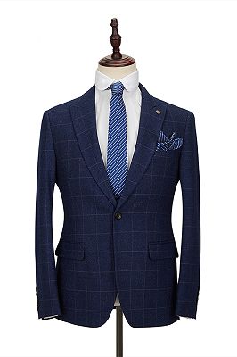 Classic Blue Plaid Peak Lapel 3 Piece Men's Suit with Double Breasted Waistcoat_3