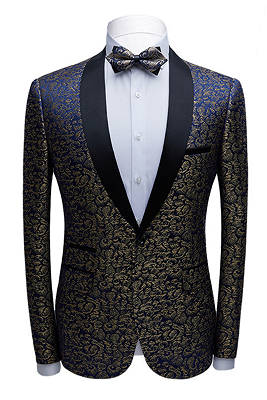 Modern Black Satin Shawl Lapel Wedding Tuxedos | Gold Jacquard Blue Men ...