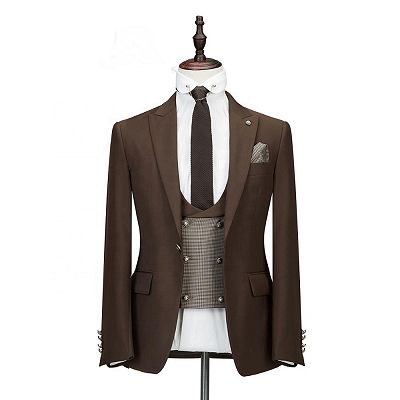 Gage Brown Three Pieces Peaked Lapel Slim Fit Wedding Groom Suits_3