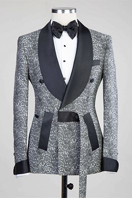 Khalil Gray Double Breasted Jacquard Wedding Men Suits with Black Lapel_5