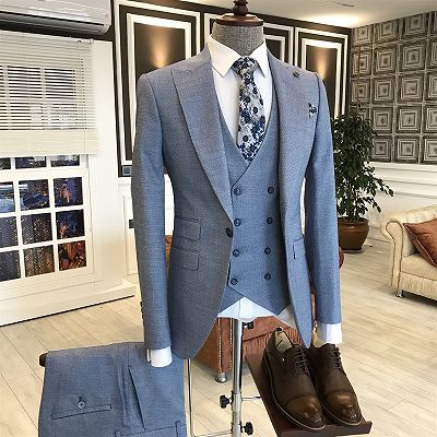 Marvin Fashion Blue Small Plaid Peaked Lapel Slim Fit Business Suits ...