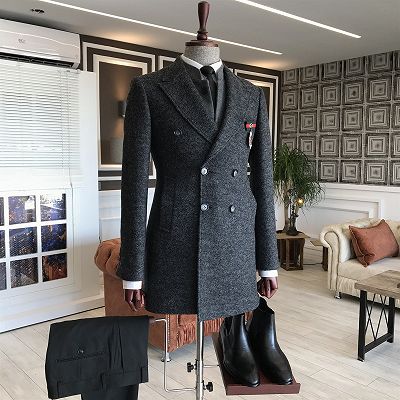 Jacob All Black Double Breasted Slim Fit Tailored Wool Coat For ...