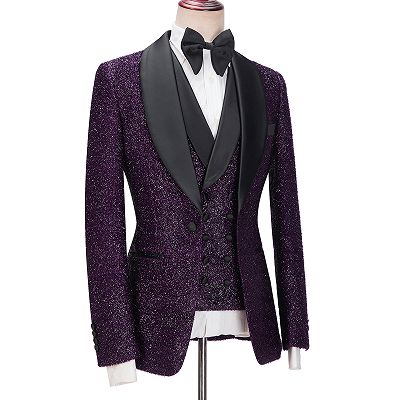Caleb Bespoke Dark Purple Sparkle Shawl Lapel 3-Pieces Men Suits ...
