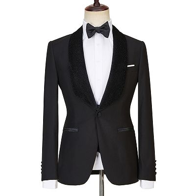 Jose Modern Three Pieces Black  Shawl Lapel Sparkle Men Wedding Suits_5