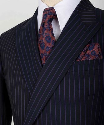 Ira Modern Dark Navy One Button Striped Peaked Lapel Men Suits_3