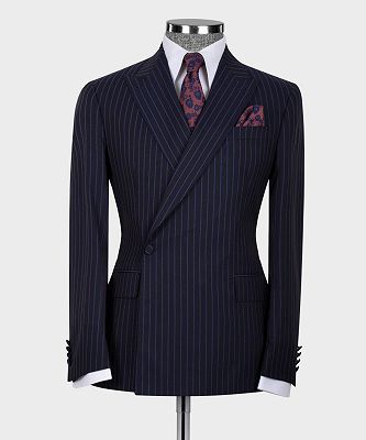 Ira Modern Dark Navy One Button Striped Peaked Lapel Men Suits_4