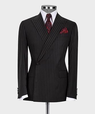 Alex Chic Black Striped One Button Peaked Lapel Two Pieces Men Suits_4