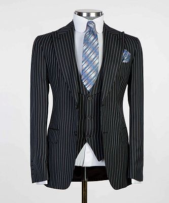 3 Piece Pinstripe Black Men's Business Formal Suits_5