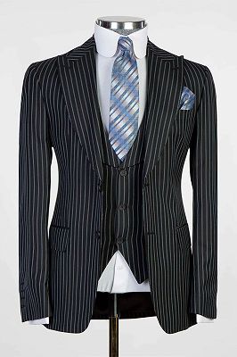 3 Piece Pinstripe Black Men's Business Formal Suits