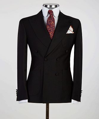 Elmer Black Double Breasted Peaked Lapel Business Men Suits_4