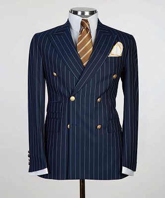 Navy Blue Double Breasted Pinstripe Men's Business Suit_4