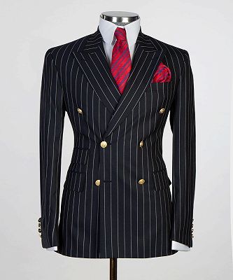 Formal Black Double Breasted Pinstripe Men's Business Suit_4