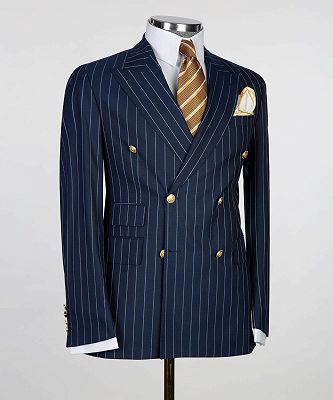 Navy Blue Double Breasted Pinstripe Men's Business Suit_3