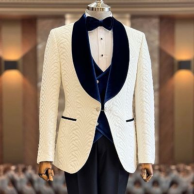Mike Decent White Jacquard Three Pieces Wedding Suits With Navy Lapel