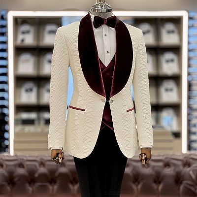 Michell Chic White Jacquard Three Pieces Wedding Suit With Burgundy Velvet Lapel