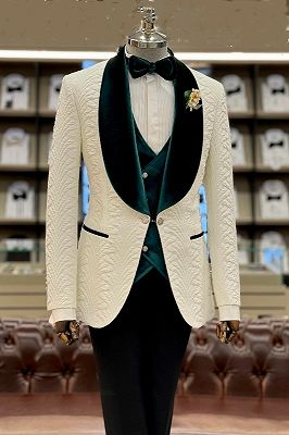 Michell Chic White Shawl Lapel Jacquard Three Pieces Wedding Suits