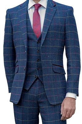Mitchell Stylish Navy Plaid Notched Lapel Three Pieces Business Suits