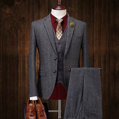 Milo Formal Gray Notched Lapel Three Pieces Business Suits For Men