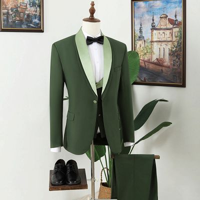 Nat Fashion Dark Green Shawl Lapel Three Pieces Prom Men Suits_3