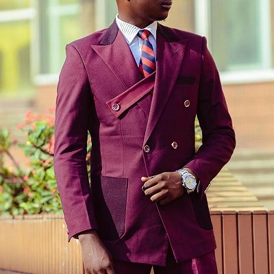 Morton Fashion Plum Peasked Lapel Double Breasted Prom Men Suits_2