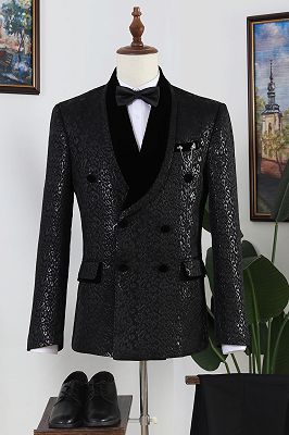 Nathaniel Handsome Black Jacquard Shawl Lapel Double Breasted Prom Men Suits