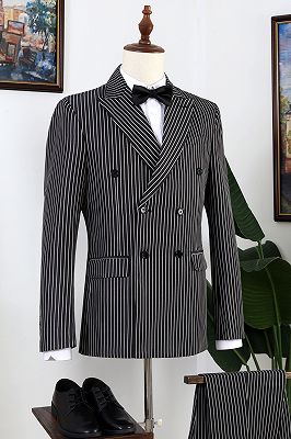 Neil Formal Black Peaked Lapel Striped Double Breasted Prom Men Suits_1