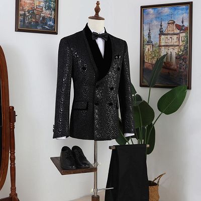 Nathaniel Handsome Black Jacquard Shawl Lapel Double Breasted Prom Men Suits