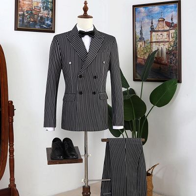 Neil Formal Black Peaked Lapel Striped Double Breasted Prom Men Suits_2