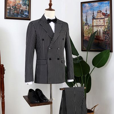 Neil Formal Black Peaked Lapel Striped Double Breasted Prom Men Suits_4