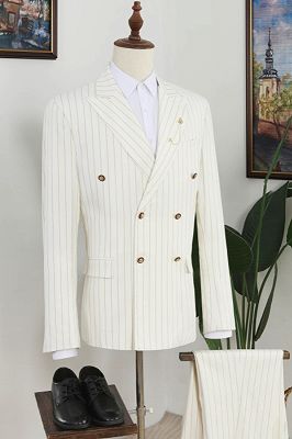 Noah Chic Off-White Striped Peaked Lapel Double Breasted Prom Men Suits_1