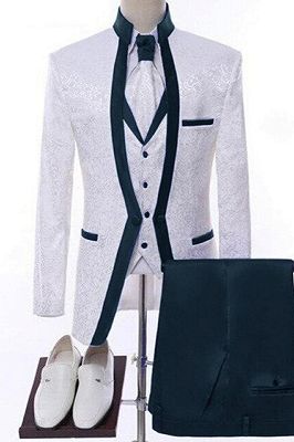 Norman Decent Navy Shawl Lapel Jacquard Three Pieces Wedding Suits_1