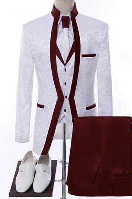 Norman Generous Burgundy Shawl Lapel Jacquard Three Pieces Wedding Suits_1