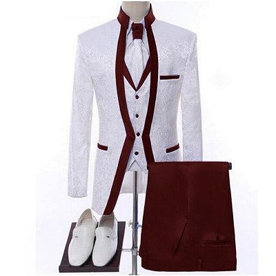 Norman Generous Burgundy Shawl Lapel Jacquard Three Pieces Wedding Suits