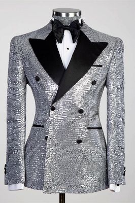 Shiny Silver Sequins Black Peaked Lapel Double Breated Men's Suit