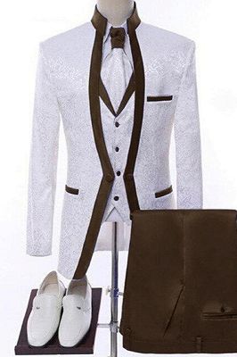 Oliver Stylish Brown Shawl Lapel Jacquard Three Pieces Wedding Suits_1