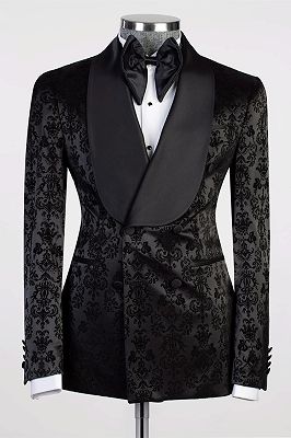 Double Breasted Black Floral Jacquard Shawl Lapel Men's Suit_1