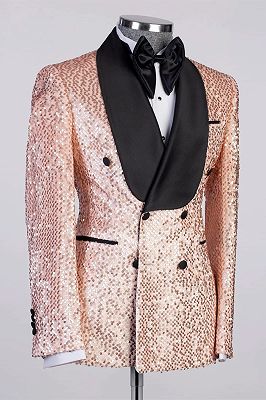 Fashion Champagne Gold Men's Prom Suit with Black Satin Lapel_2