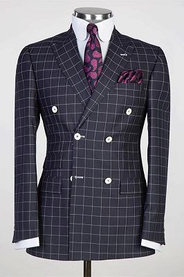 Oswald Black Peaked Lapel Double Breasted Plaid Business Suits_1