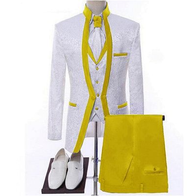 Norton Fancy Yellow Shawl Lapel Jacquard Three Pieces Wedding Suits