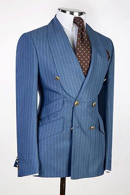 Formal Pinstripes Double Breasted Shawl Lapel Blue Men's Business Suit