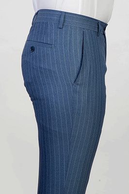 Formal Pinstripes Double Breasted Shawl Lapel Blue Men's Business Suit_3