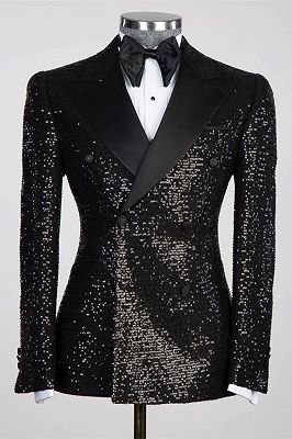 Oscar Black Sequins Peaked Lapel Double Breasted Prom Suits