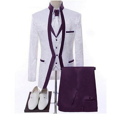 Omar Chic Purple Shawl Lapel Jacquard Three Pieces Wedding Suits_2