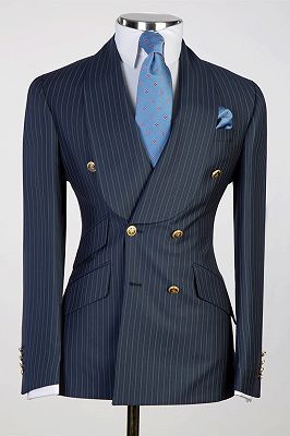 Page Navy Shawl Lapel Double Breasted Striped Business Suits_1